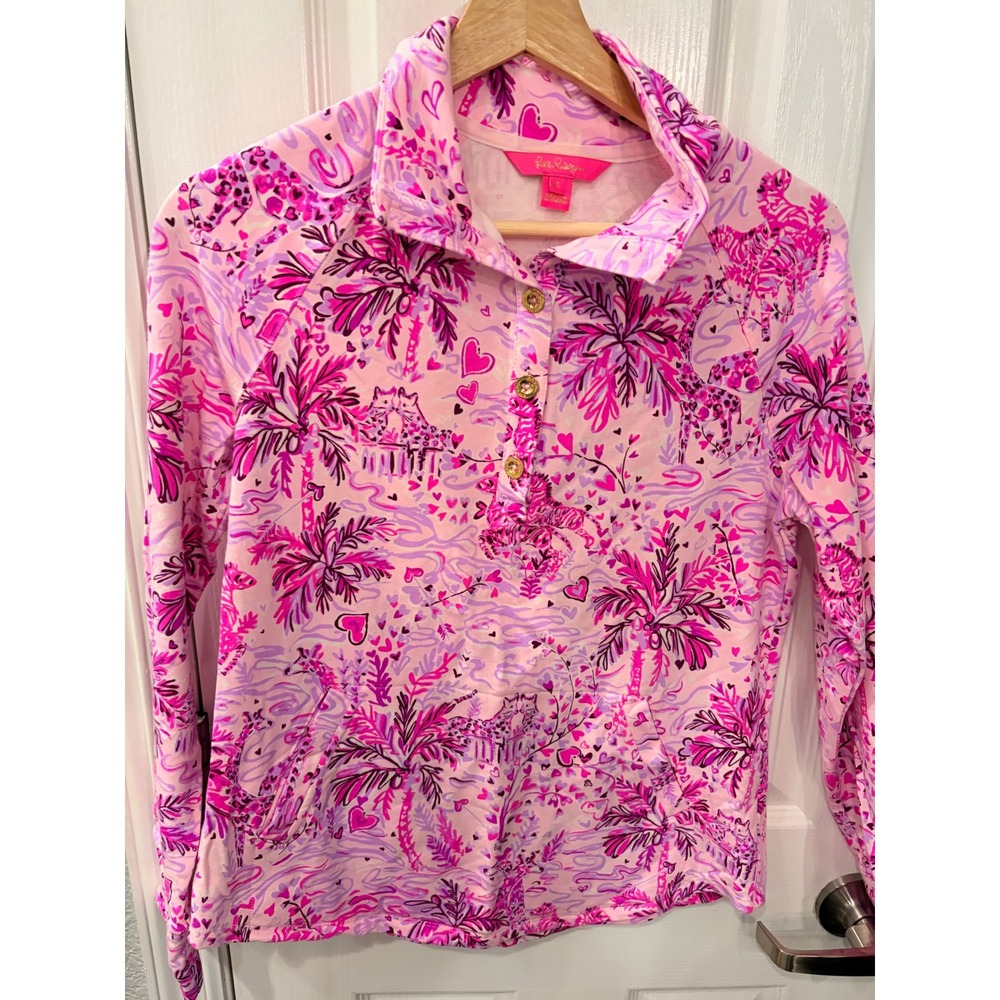 Lilly Pulitzer Skipper Popover Pink Purple Tropical Giraffe Heart Print Pullover